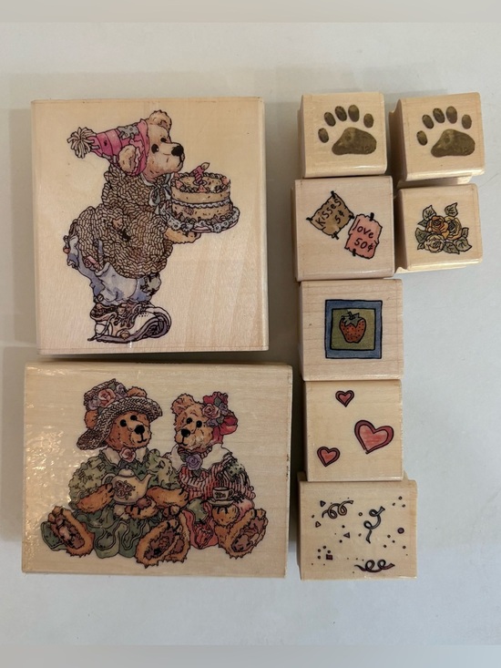 Boyds Bears Other - Boyds Bears Wood Stamp Set (9) Unused Birthday & Tea Party Uptown Rubber Stamps
